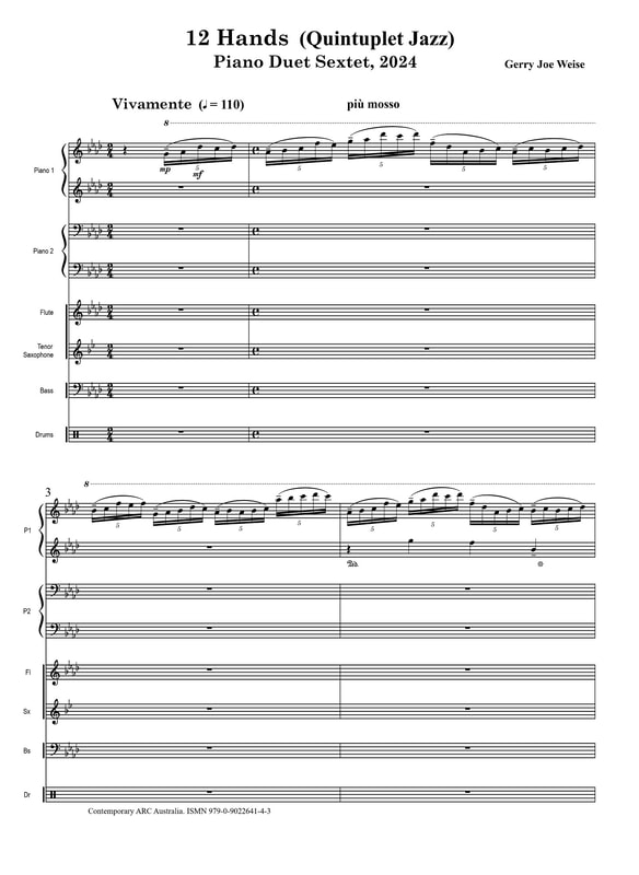 Sheet music 1, Gerry Joe Weise, 12 Hands (Quintuplet Jazz), piano duet, 2024.
