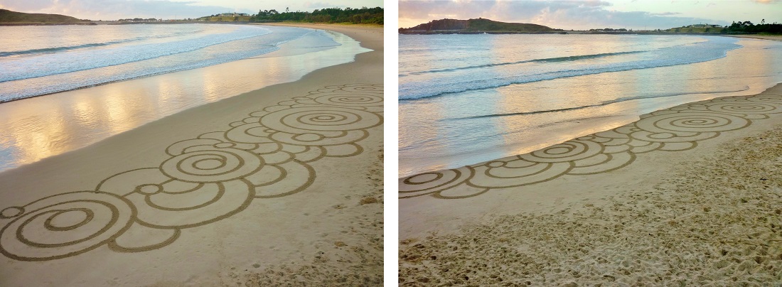 Gerry Joe Weise, Land Art. Ephemeral Tidal Rings (before and after the tide), Sand Drawing installation, Jetty Beach, Coffs Harbour, Australia, 23 February 2016.